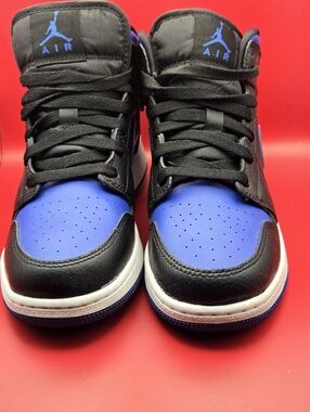 Air Jordan 1 Mid Boys Black Blue Leather Sneakers Size 6Y Racer Blue EUC